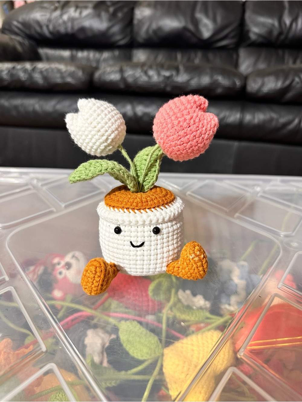 Crocheted Tulip Planter Plush - White & Pink